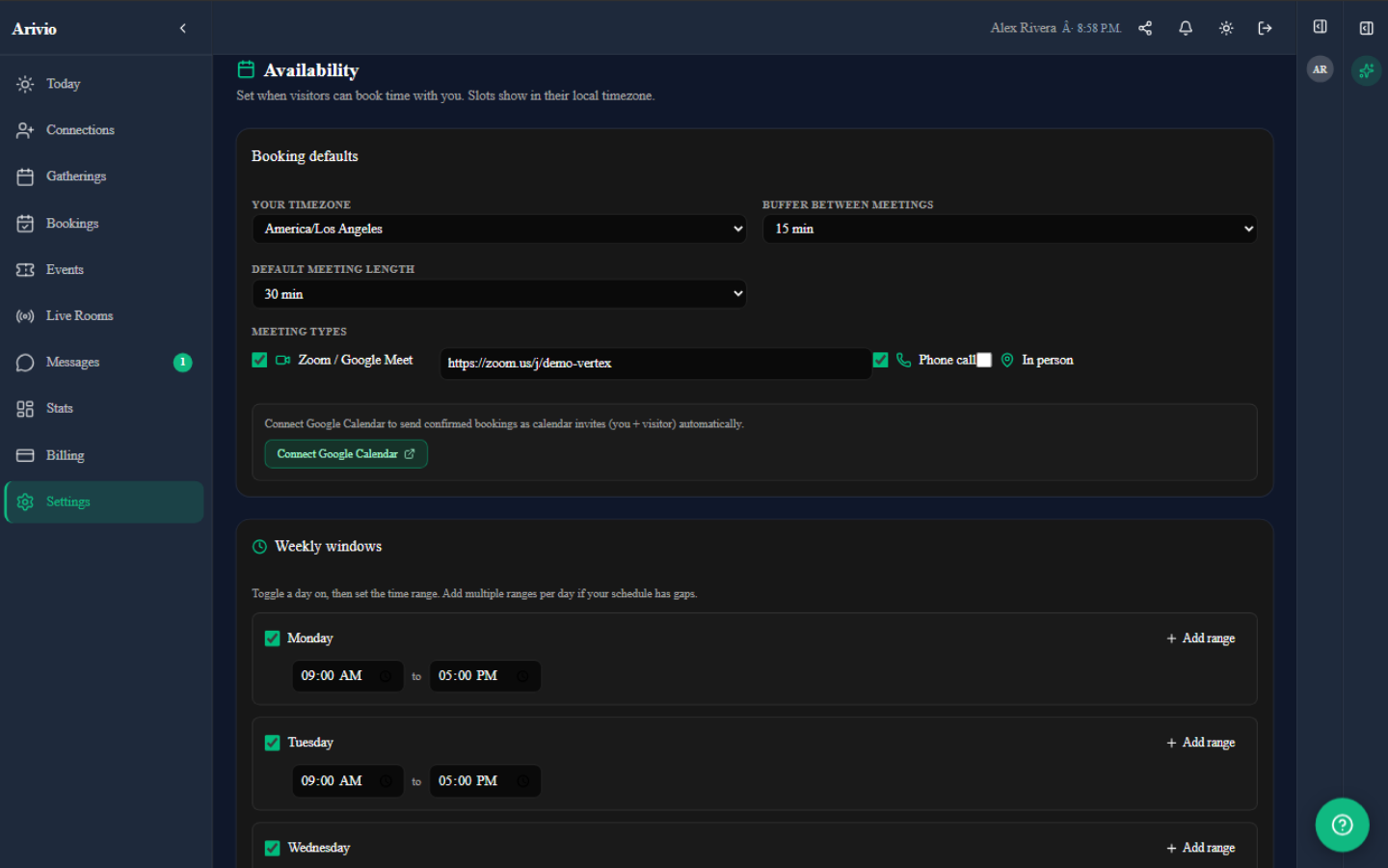 Arivio Availability — set your hours and let visitors book from card, widget, or signature