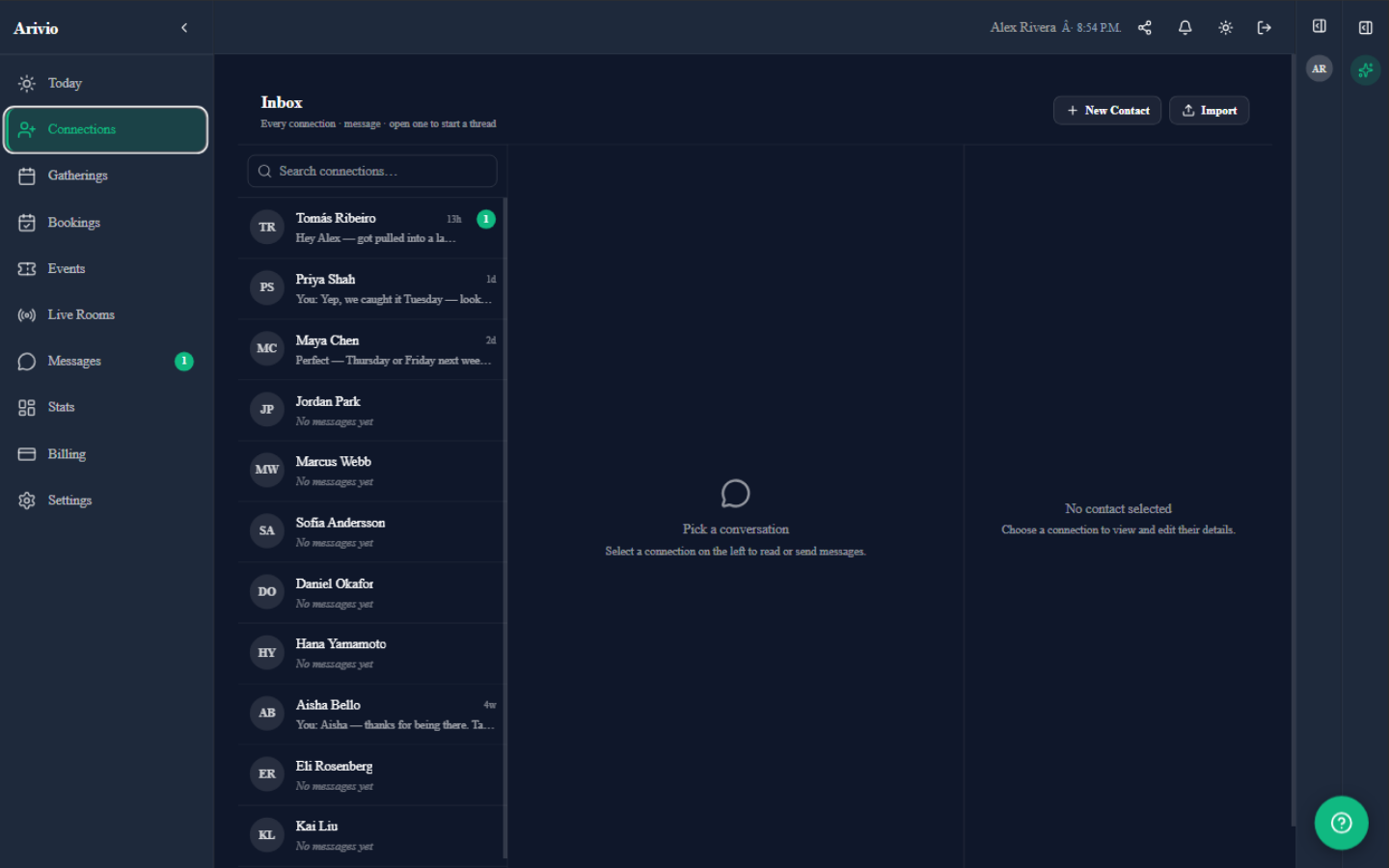 Arivio Connections — every person who tapped your card, with AI memory and engagement score