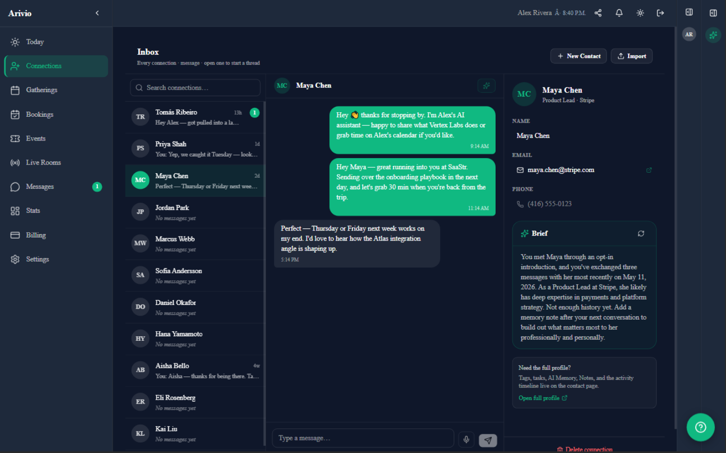 Arivio Messenger — owner-to-client thread with AI-drafted follow-ups